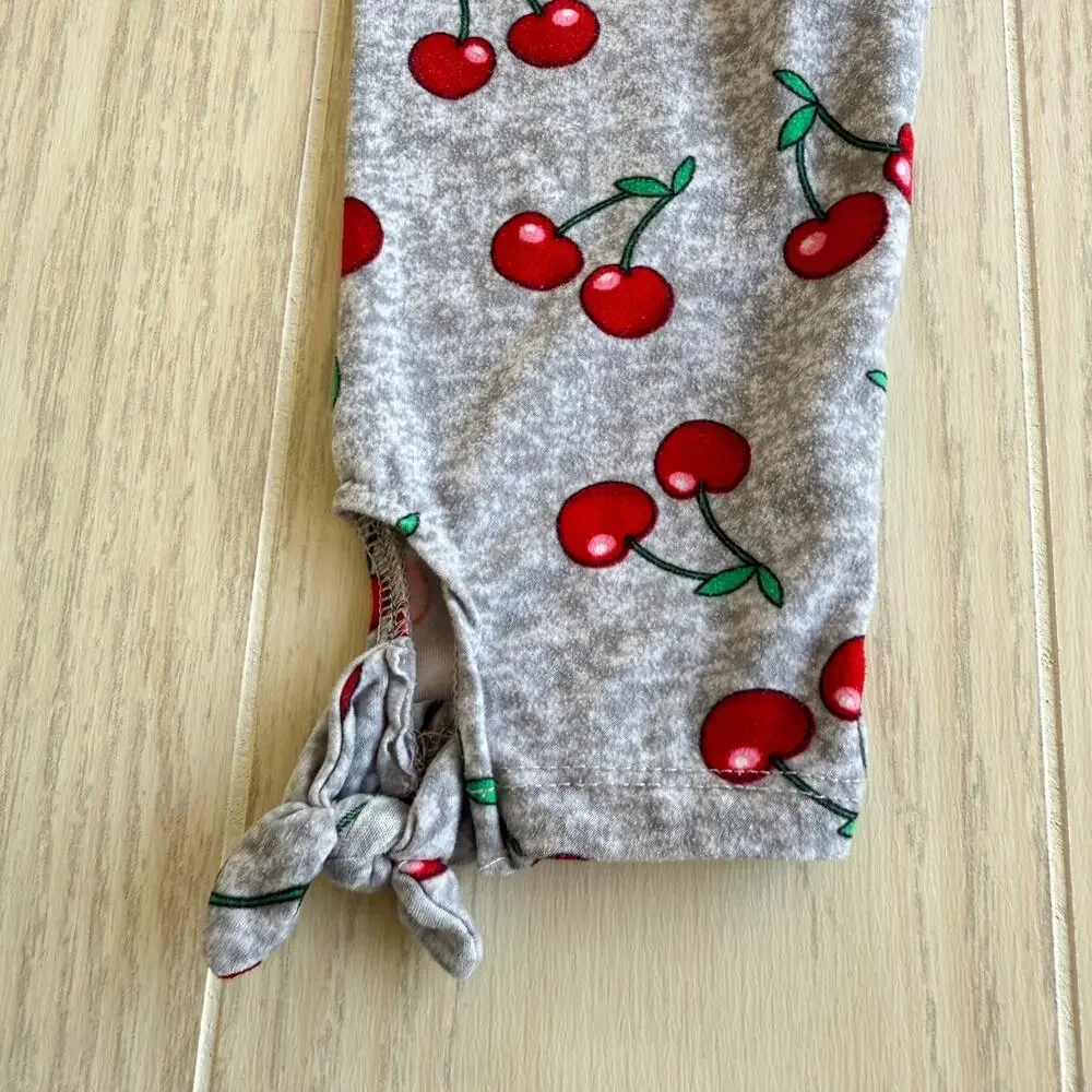 One Step Up Girls Cherry Print Leggings S (7/8) Tie Hem Gray Pants